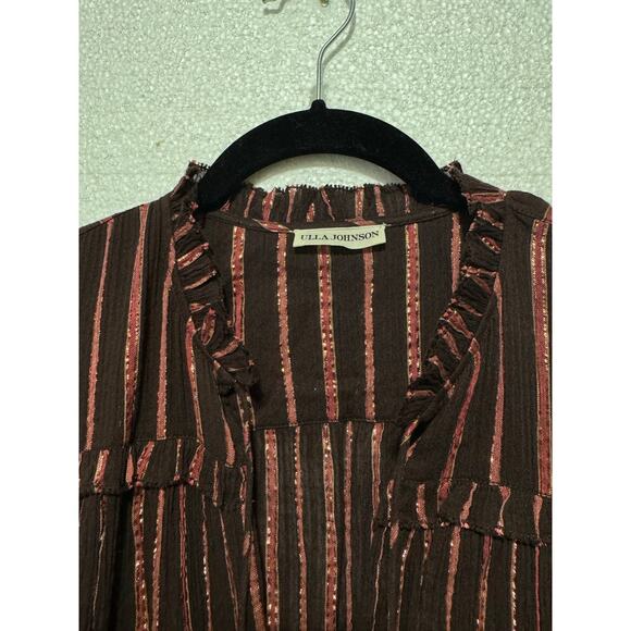Ulla Johnson Rosalind Metallic Chocolate Striped Mini Dress Size 6 - Picture 6 of 11